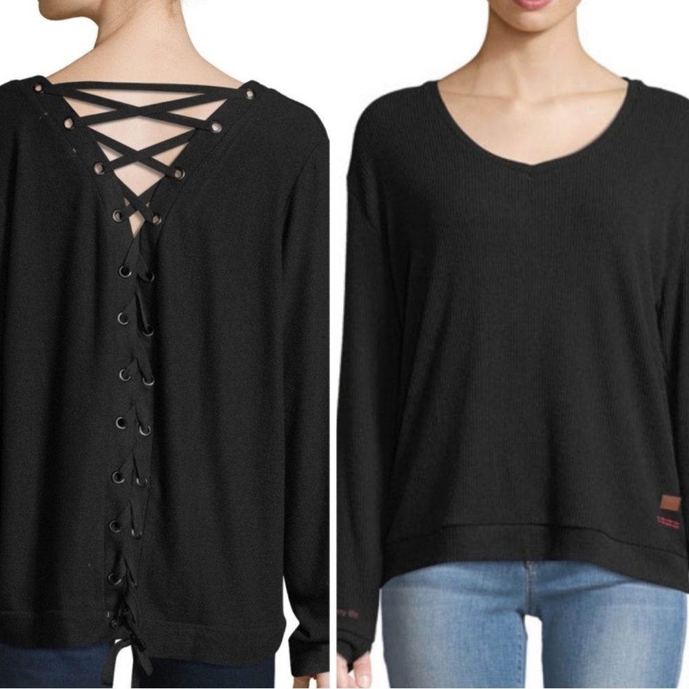 Peace Love World Pull On Lace Up Back Long Sleeve Lightweight Sweatshirt Top.